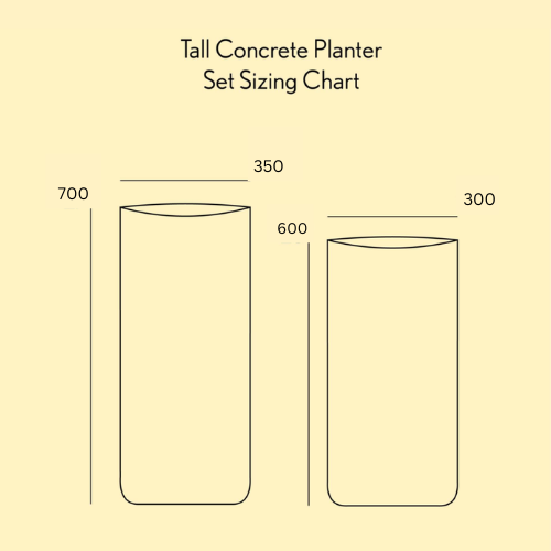 Sizing chart for tall concrete planters with dimensions on a beige background