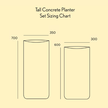 Sizing chart for tall concrete planters with dimensions on a beige background
